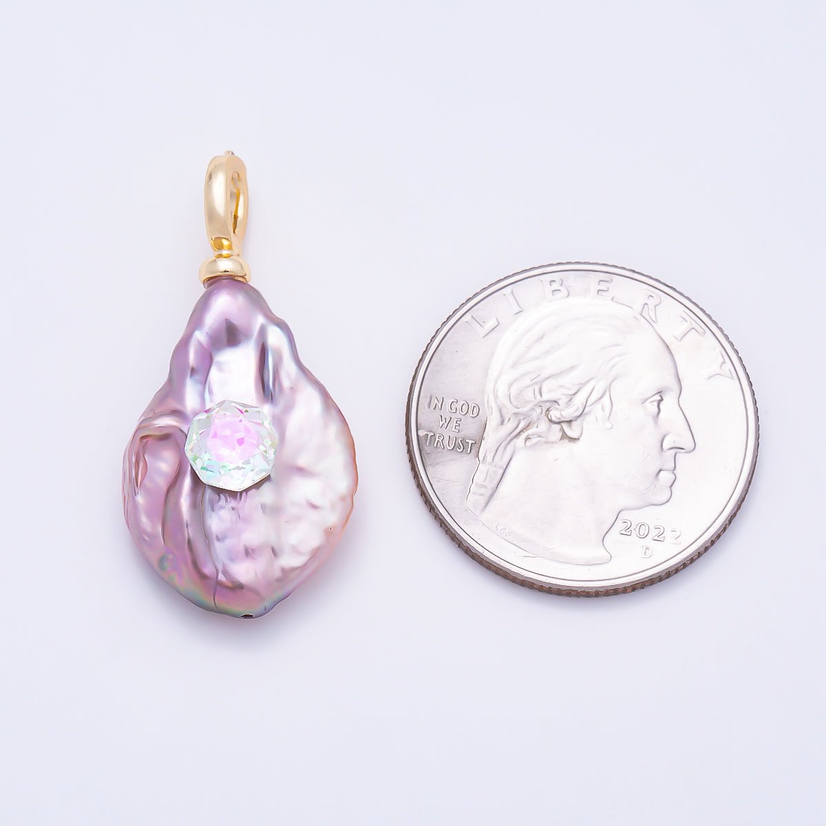 18K Gold Filled 30mm Iridescent CZ Purple Baroque Freshwater Pearl Pendant | Charms-01570 by DLUXCA