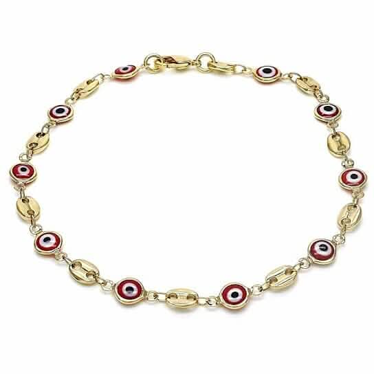 18k Women's Gold Filled High Polish Finish Mariner Marina- Red Evil Eye Lobster Clasp Ankle Bracelet 10'' Inch by DailySale