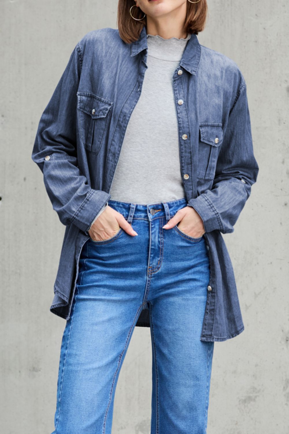 Pocketed Collared Neck Long Sleeve Denim Top by Wild and Free Boutique