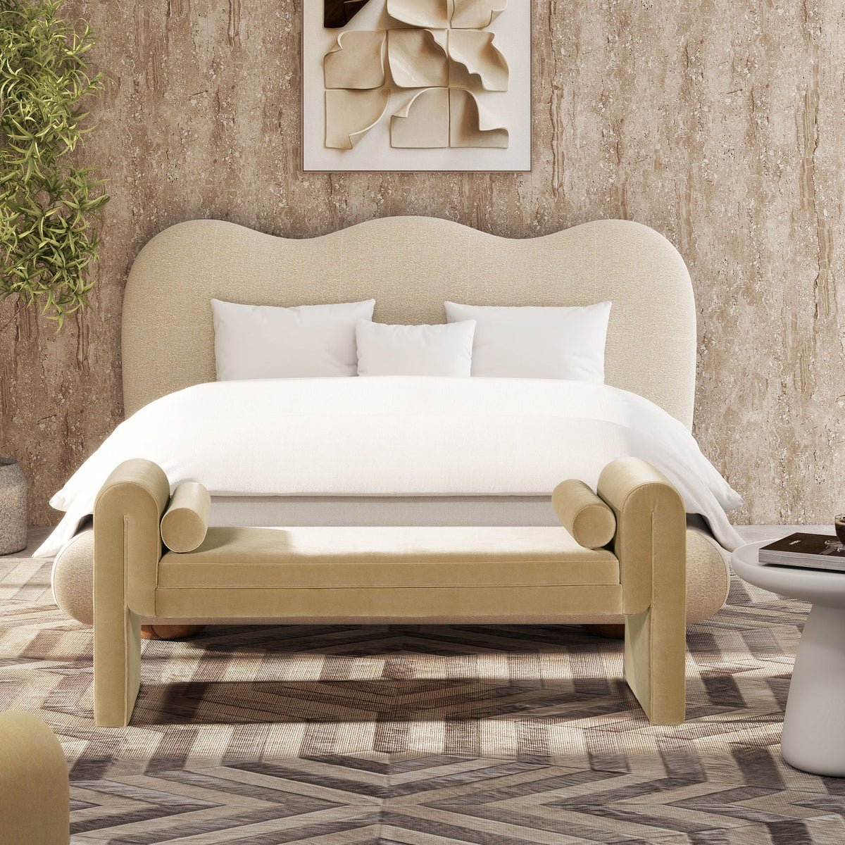 Mason - Arched Arm Bench With Bolster Pillows - Camel Brown Beige by Unique Piece Furniture