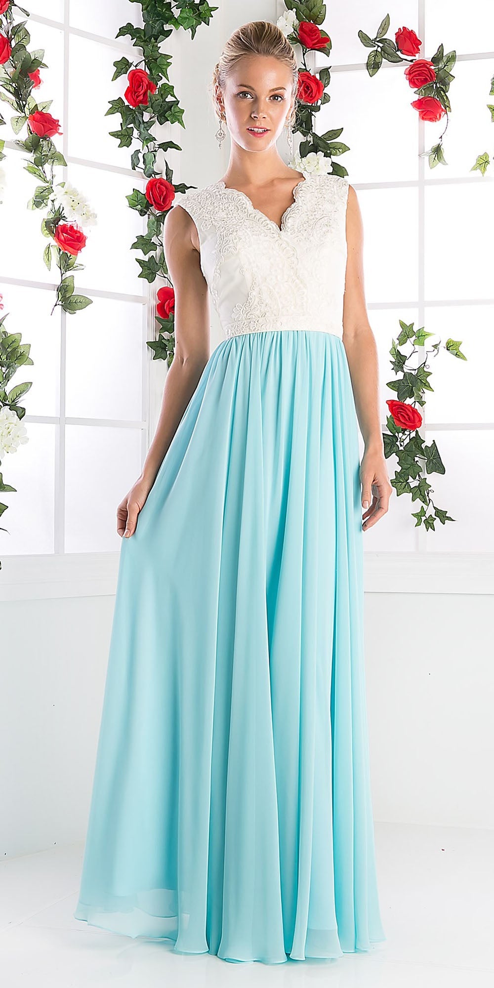 Cinderella Divine 1965 Sleeveless Dress V-Neck Embroidered Bodice by DiscountDressShop