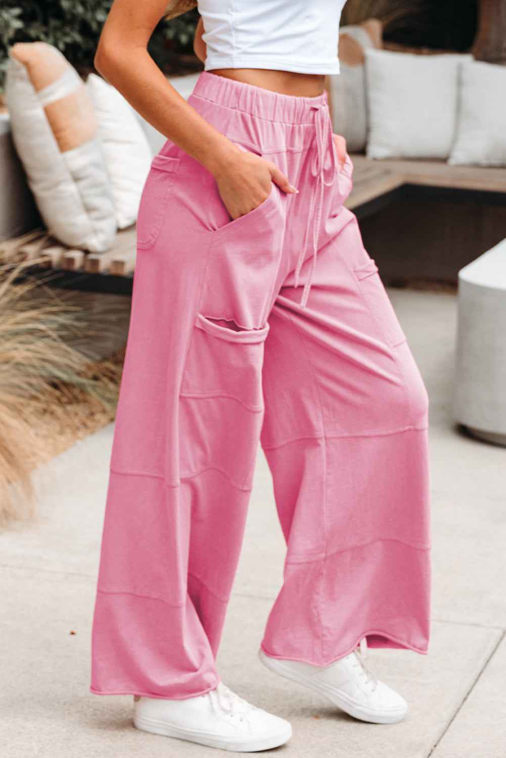 Bonbon Mineral Wash Exposed Seam Drawstring Elastic Waistband Wide Leg Cargo Pants by Dear-Lover Dropshipping