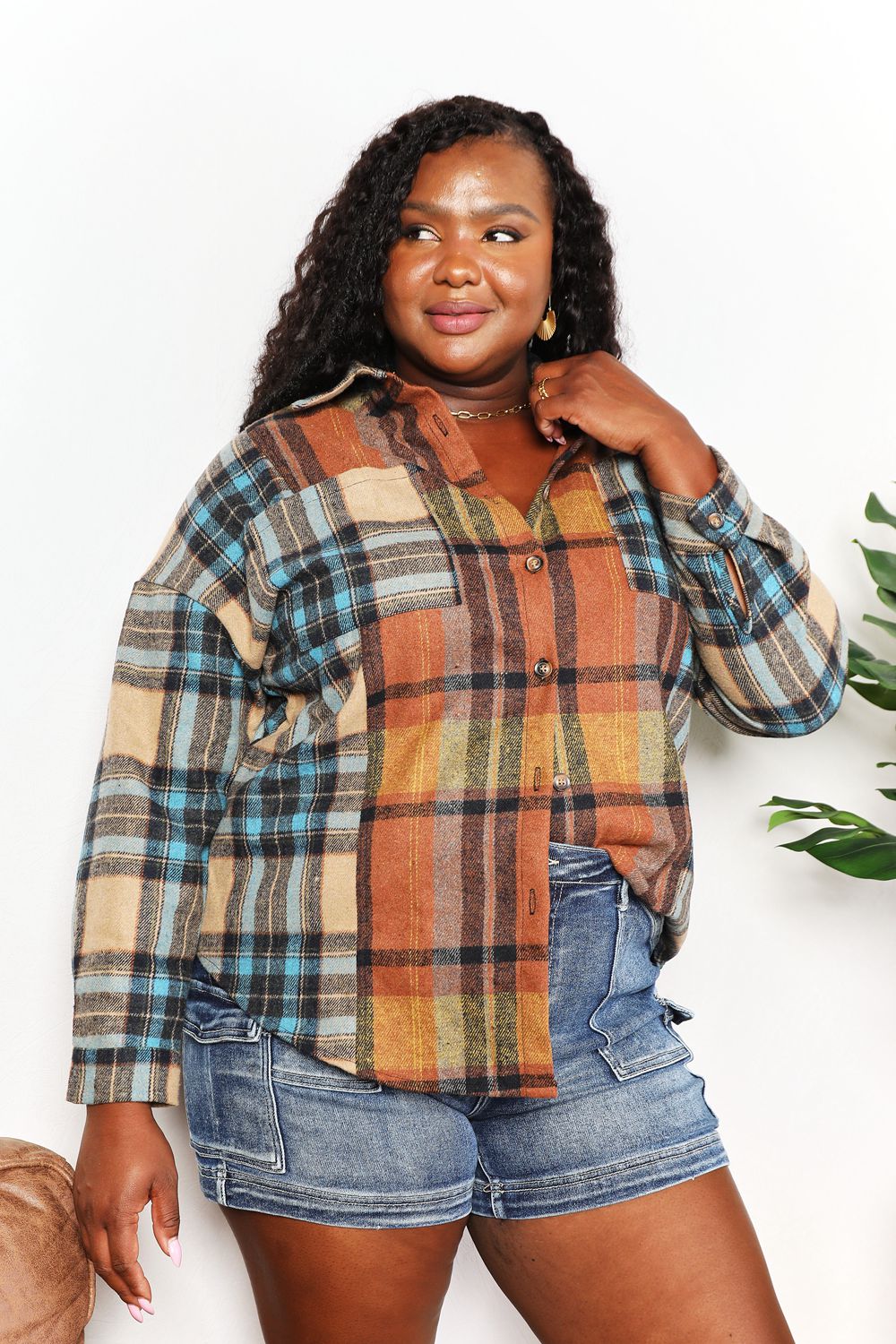Double Take Plaid Curved Hem Shirt Jacket with Breast Pockets by Wild and Free Boutique