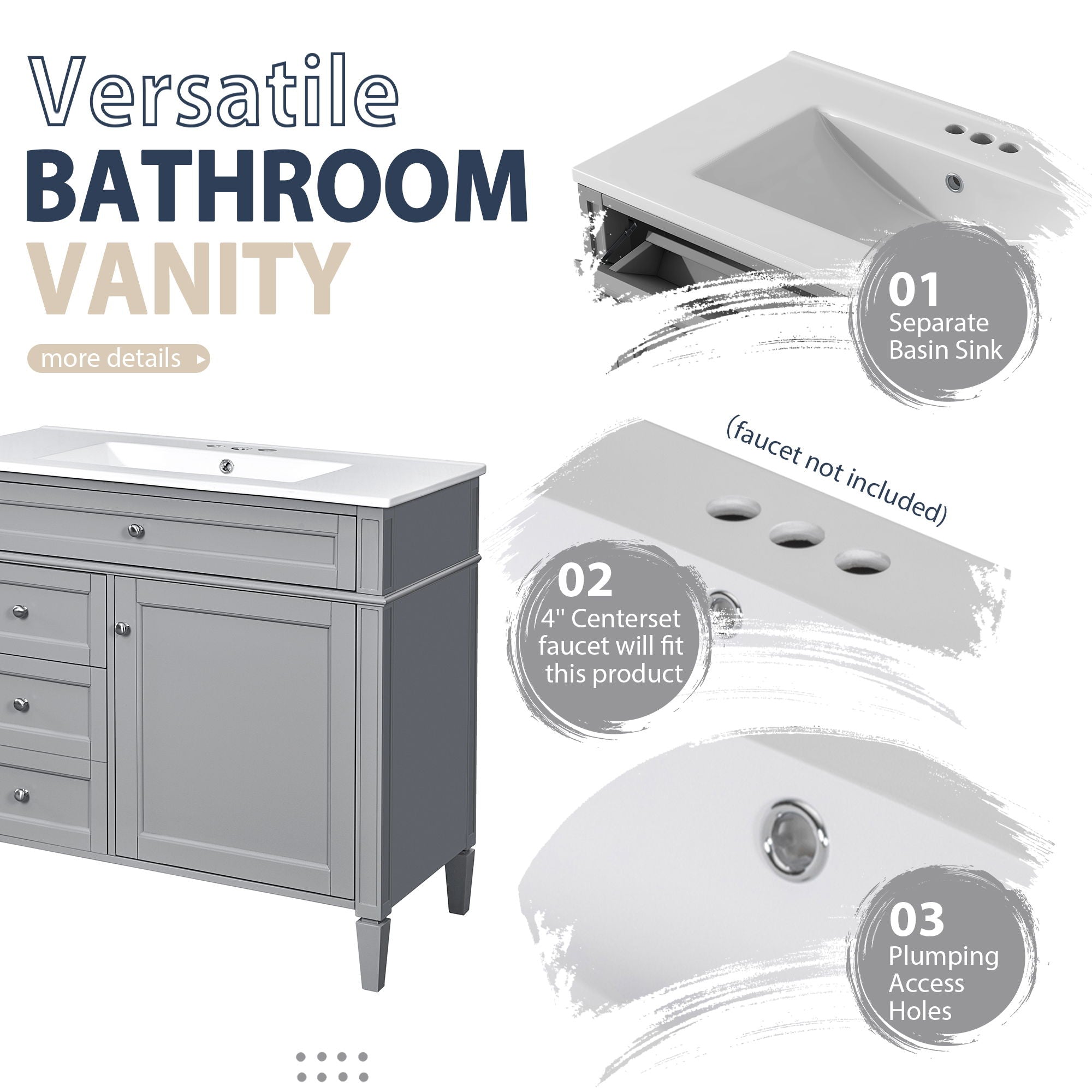 Bathroom Vanity With Mirror Cabinet, Single Sink With 2 Soft Closing Doors And 4 Drawers by Unique Piece Furniture
