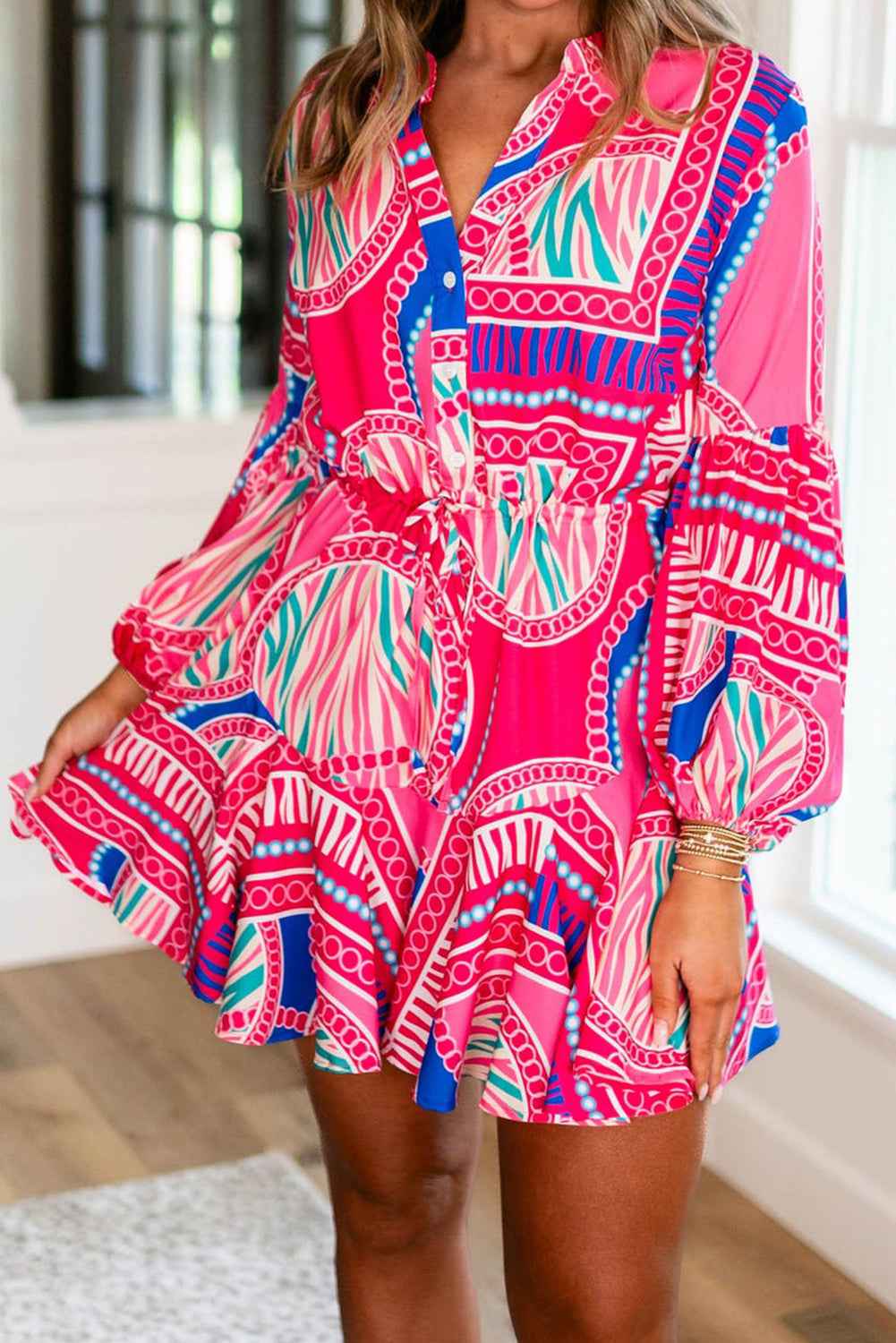 Rose Boho Abstract Printed Puff Sleeve Drawstring Waist Ruffled Mini Dress by Wild and Free Boutique