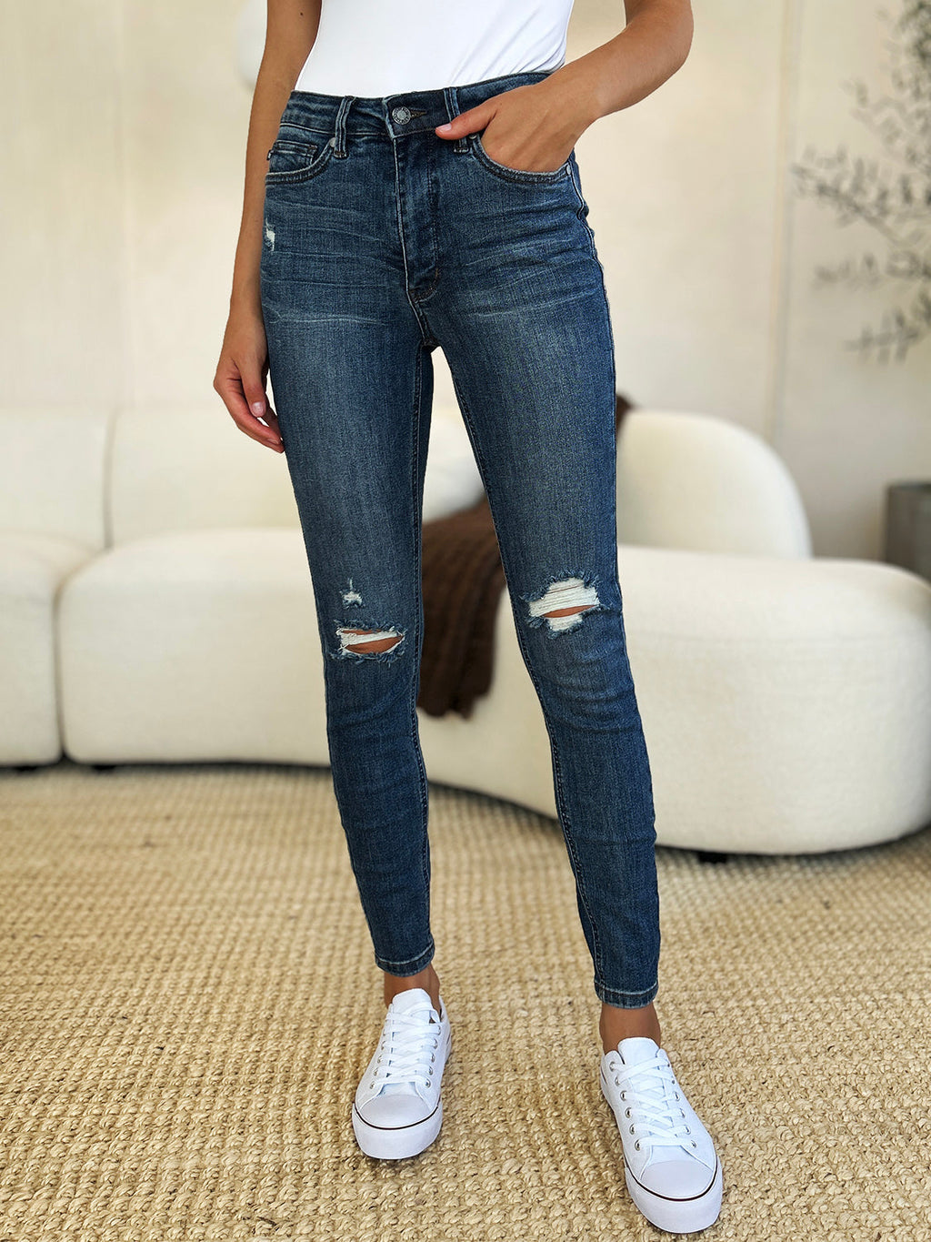 Judy Blue Full Size Mid Waist Distressed Slim Jeans by Wild and Free Boutique