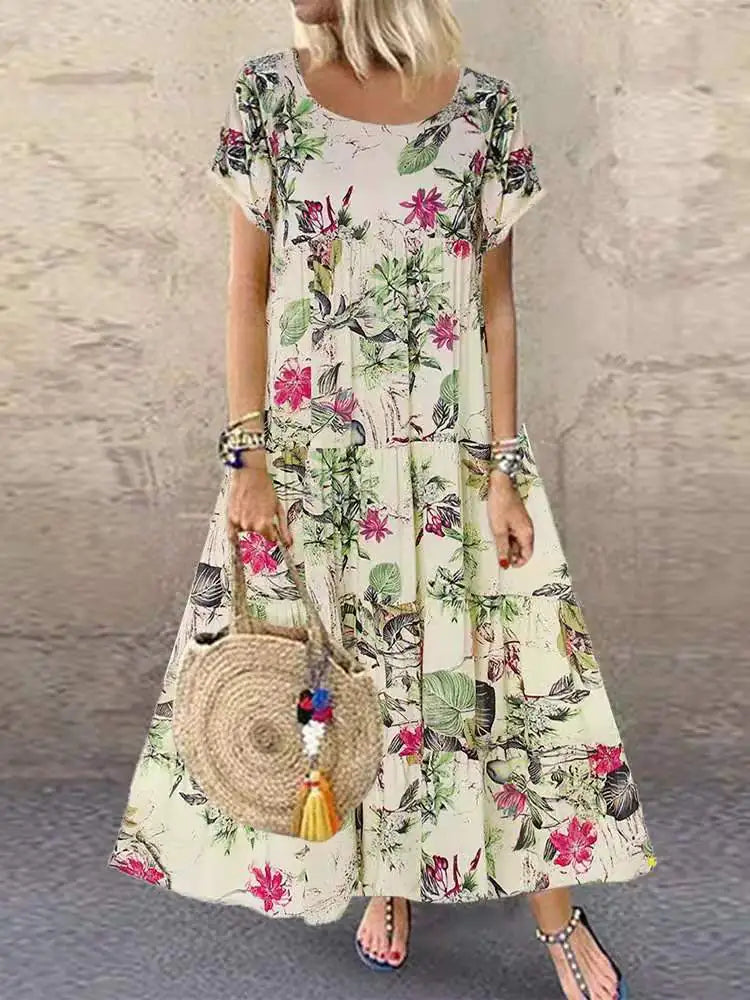 Retro Floral Print Short-sleeved Round Neck Dress by Trendy Attic Store01