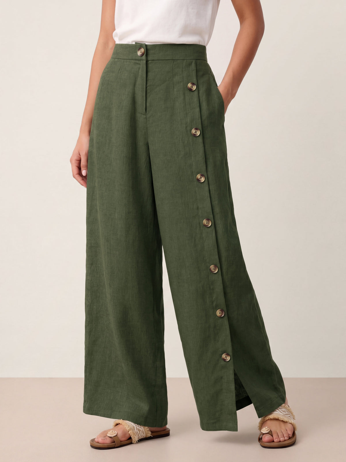 100% Linen Buttoned Slit-Hem Pants KATYA by LINTICO