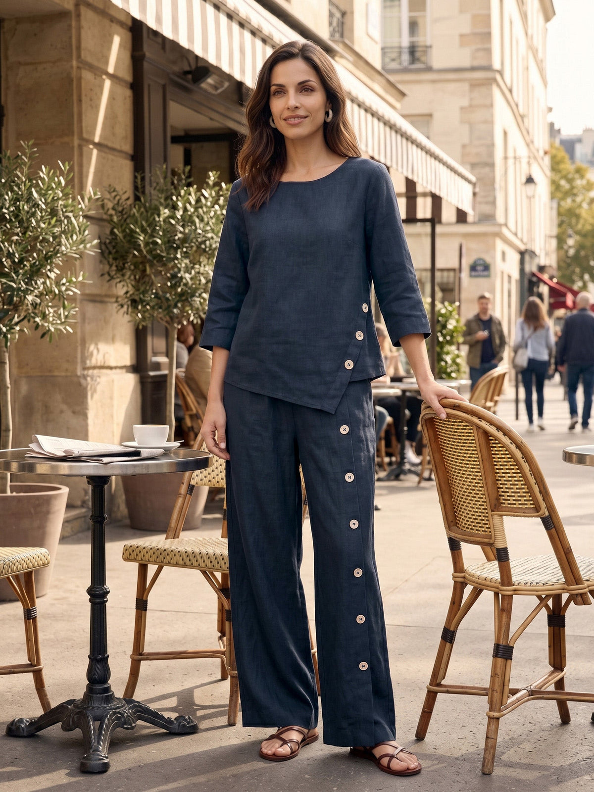 100% Linen Asymmetric-Hem Button-Trim Top NYLA by LINTICO