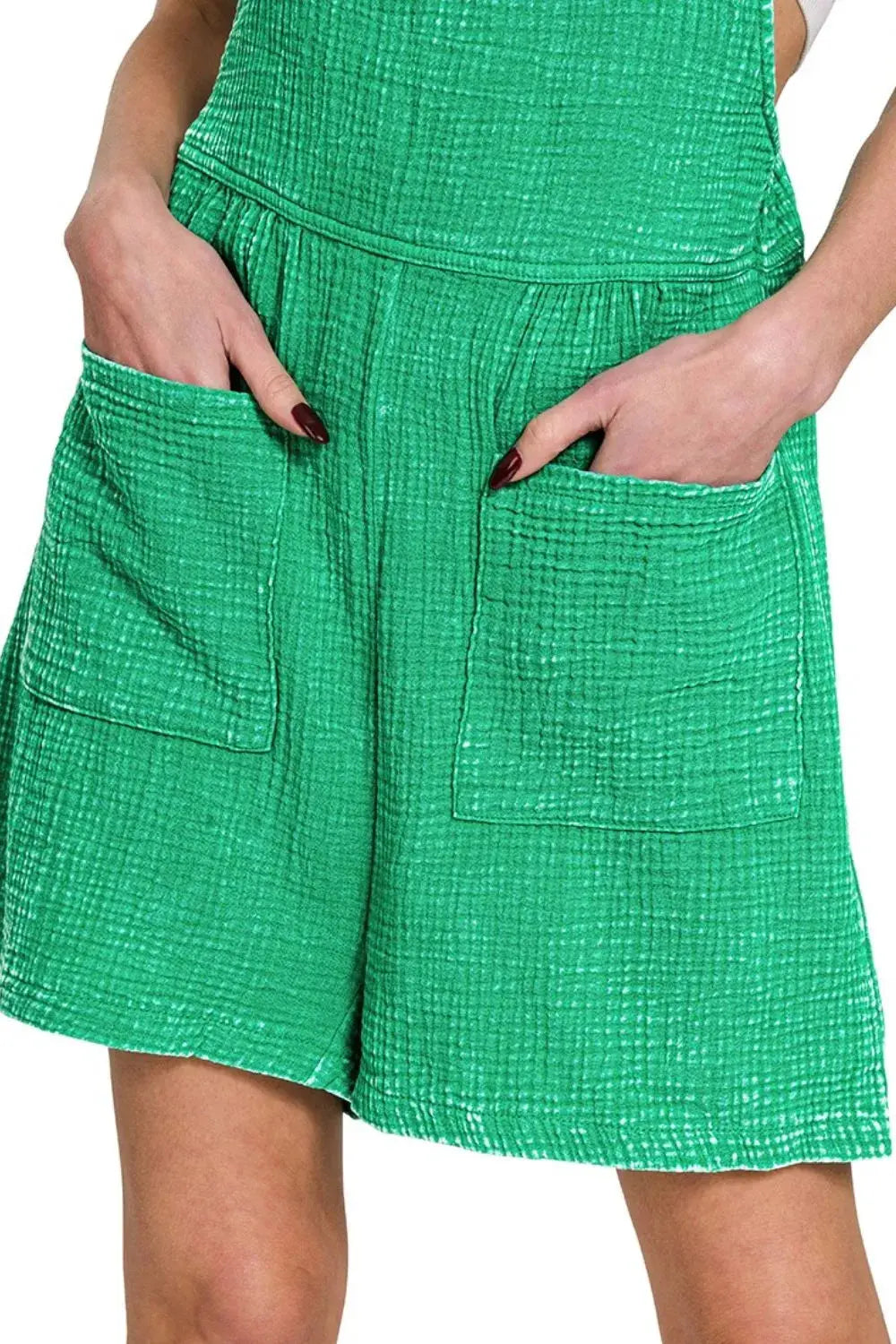 Zenana Woven Green Acid Washed Cotton Gauze Romper with Pockets by Be Bliss Boutique