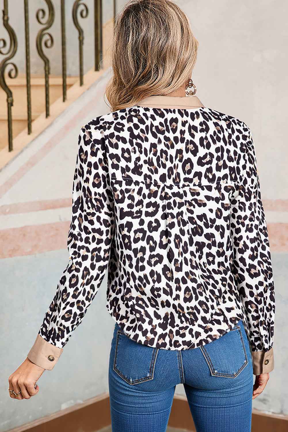 Multicolour Leopard Print Contrast Patchwork Cuffs Button Collared Top by Wild and Free Boutique
