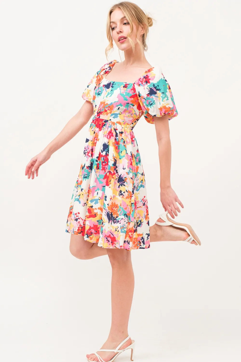 And The Why Square Neck Puff Sleeve Floral Dress by Wild and Free Boutique