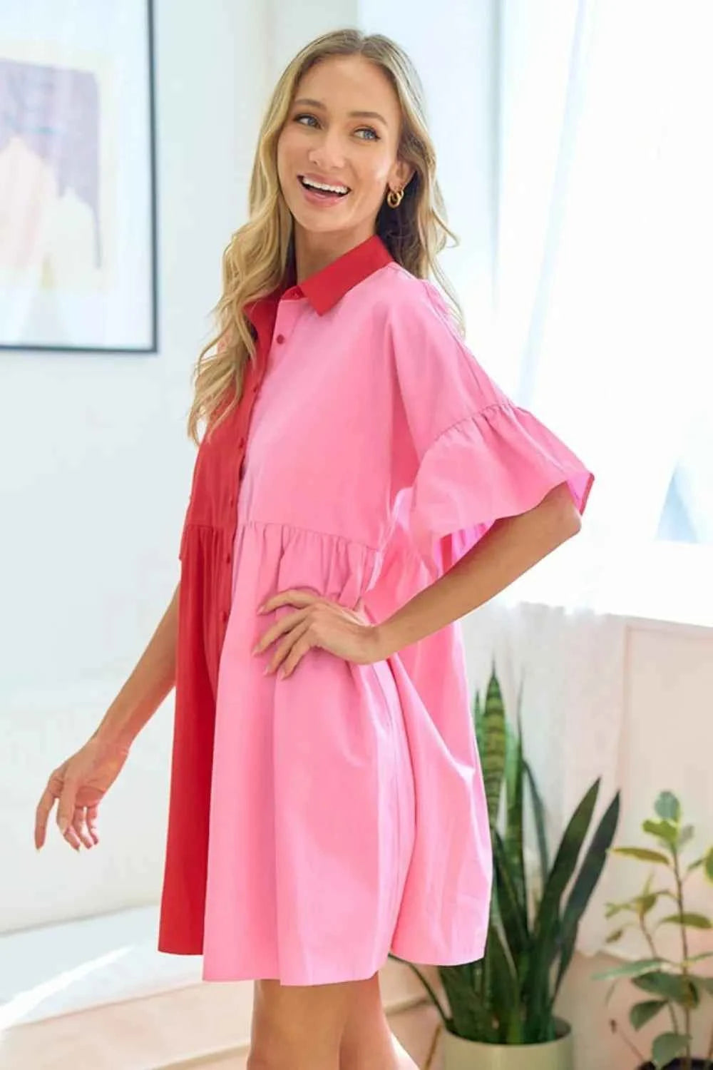First Love Full Size Color Blocked Button Down Babydoll Dress by Wild and Free Boutique
