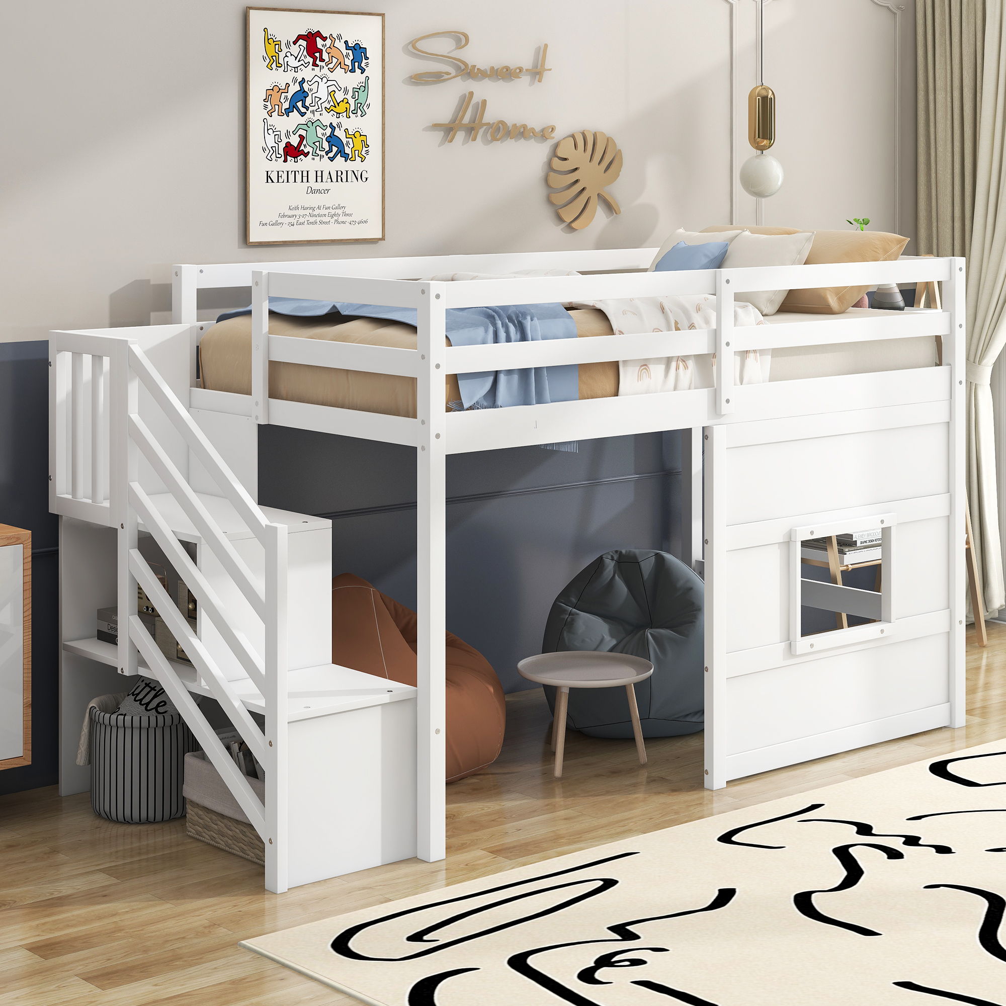 Loft Bed With Storage Staircase, Window & LED Light by Unique Piece Furniture