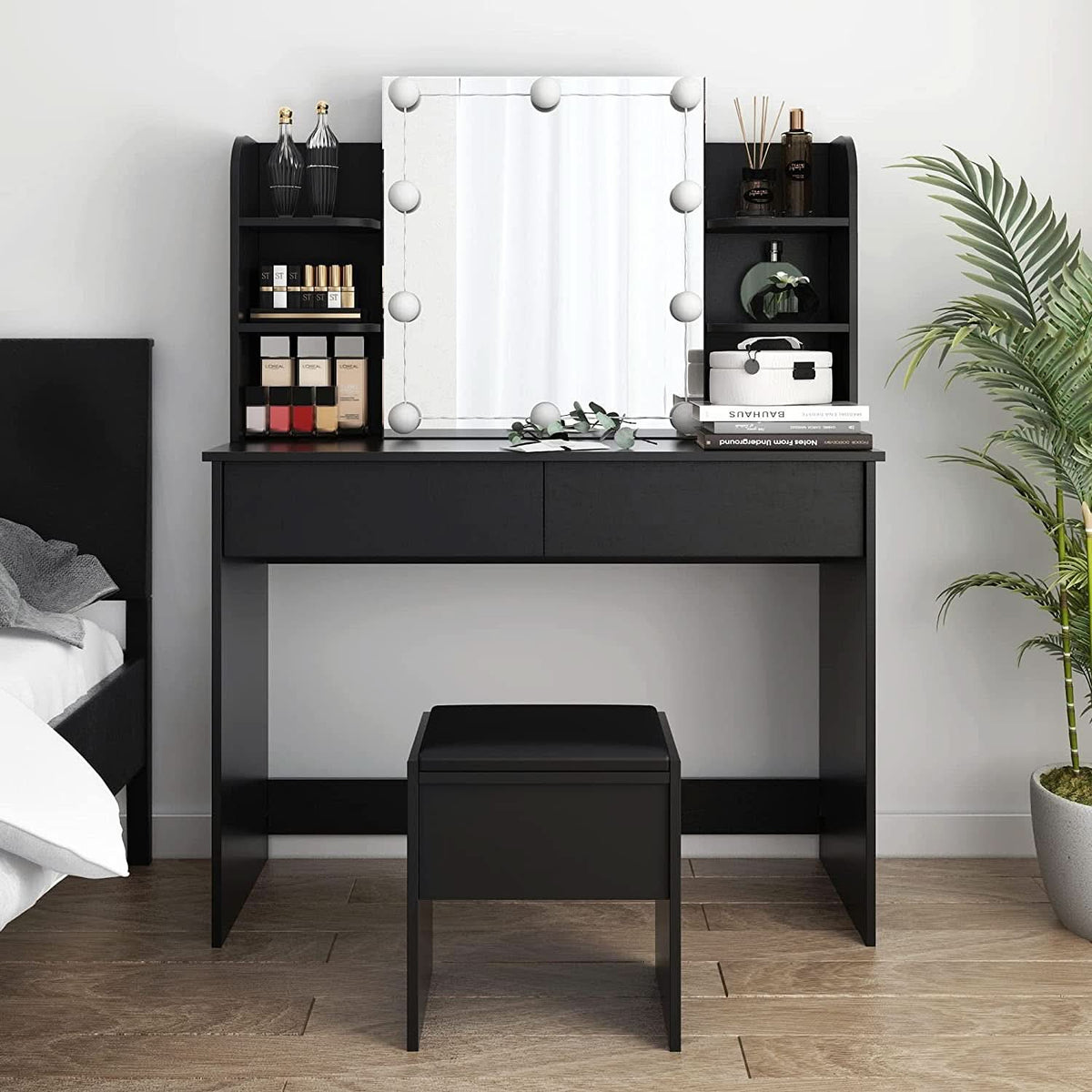 Black Vanity Set With 10 Lights For Bedroom Storage by ShipItFurniture