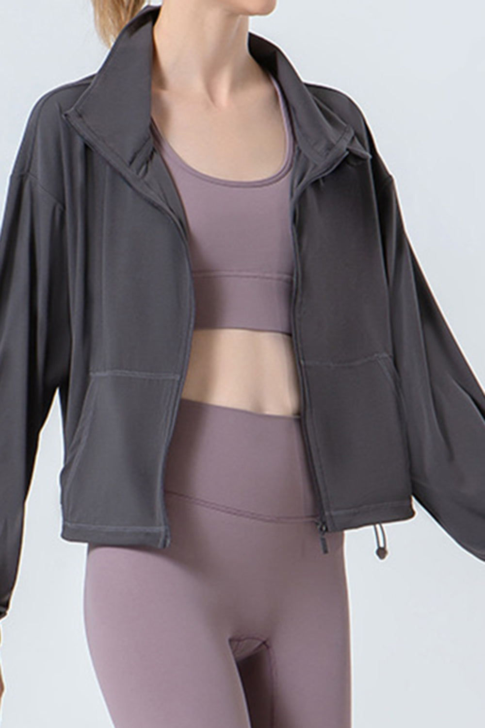 Drawstring Zip Up Dropped Shoulder Active Outerwear by Wild and Free Boutique
