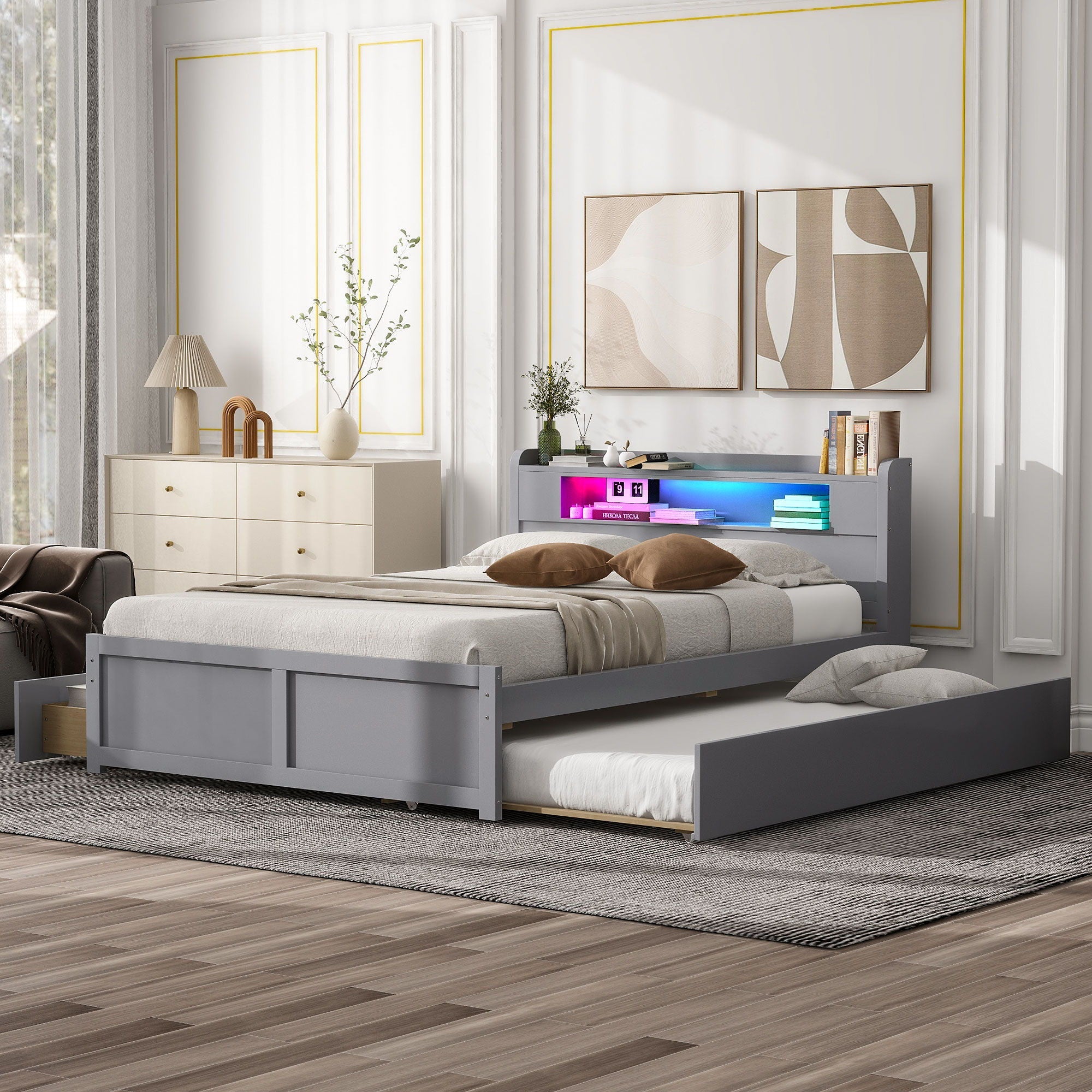 Storage Platform Bed With LED Lights, 2 Drawers And Trundle by Unique Piece Furniture