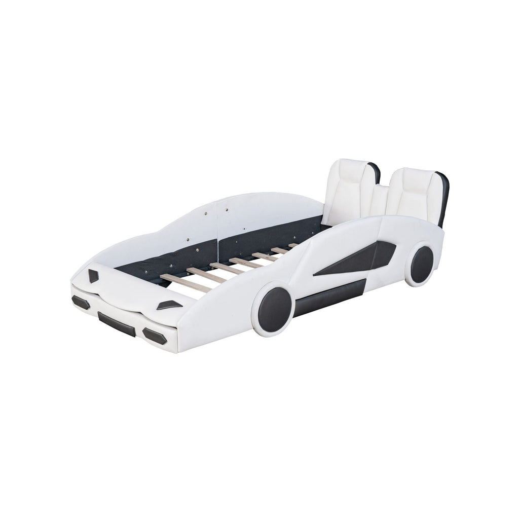 Race Car Shaped Twin Platform Bed With Wheels, Pine Wood Construction by Unique Piece Furniture