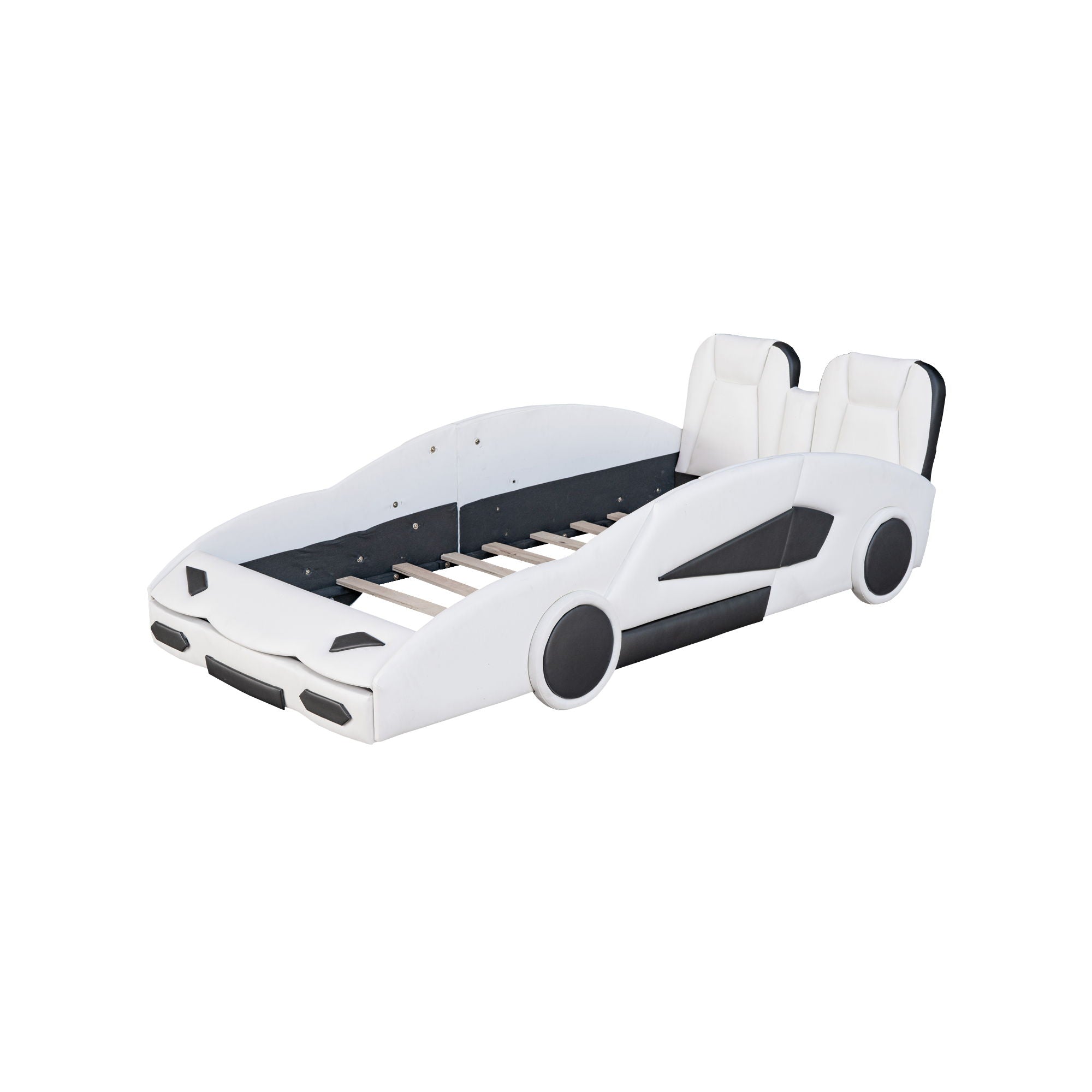 Race Car Shaped Twin Platform Bed With Wheels, Pine Wood Construction by Unique Piece Furniture