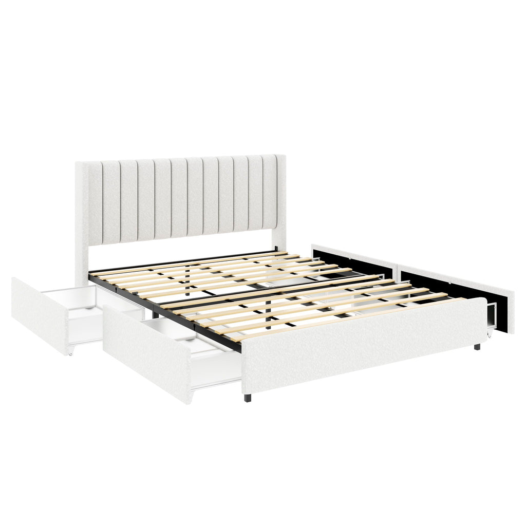 Anda - Boucle Upholstered Platform Bed With Patented Drawers Storage - Ivory by Unique Piece Furniture