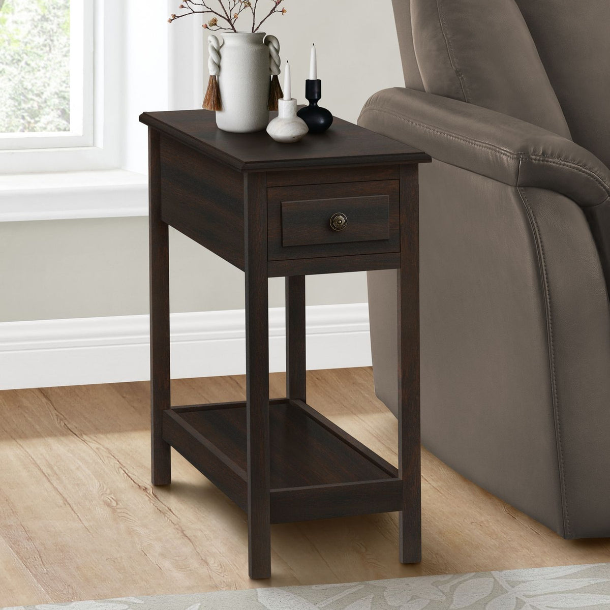 Accent End Table, 2 Tier, Storage Drawer, Transitional - Walnut by Unique Piece Furniture