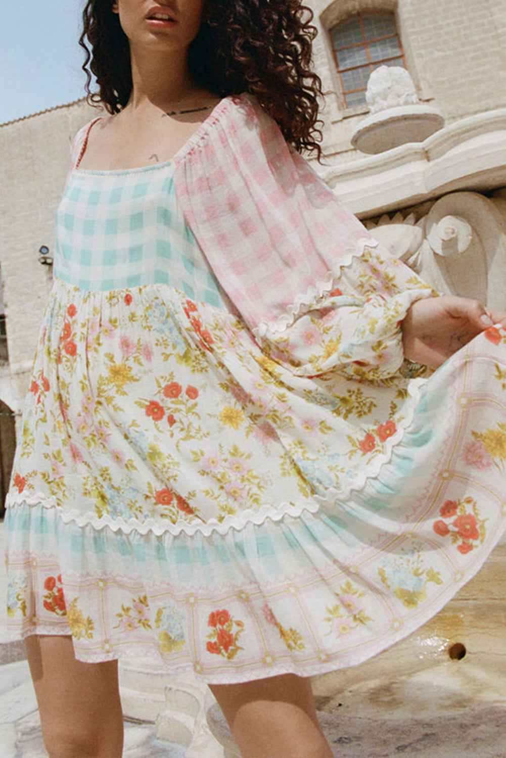Pink Ric Rac Plaid Floral Print Patchwork Bubble Sleeve Dress by Wild and Free Boutique