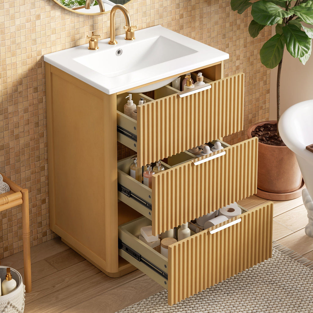 Bathroom Vanity With Sink, Open Shelf & Closed Storage - Natural Wood by Unique Piece Furniture
