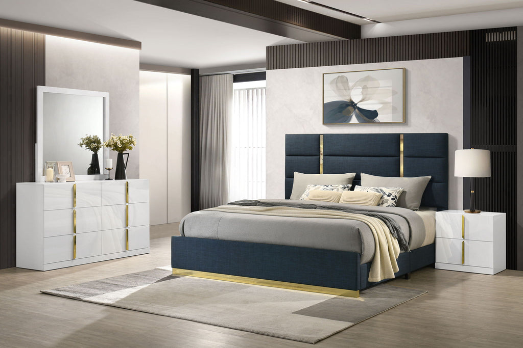 Ines 4-piece Queen Bedroom Set Navy and White High Gloss by Unique Piece Furniture