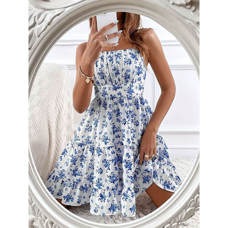 Floral Print Smocked Mini Dress Spaghetti Strap Slim Fit Flowy Dresses by FitiqueFit