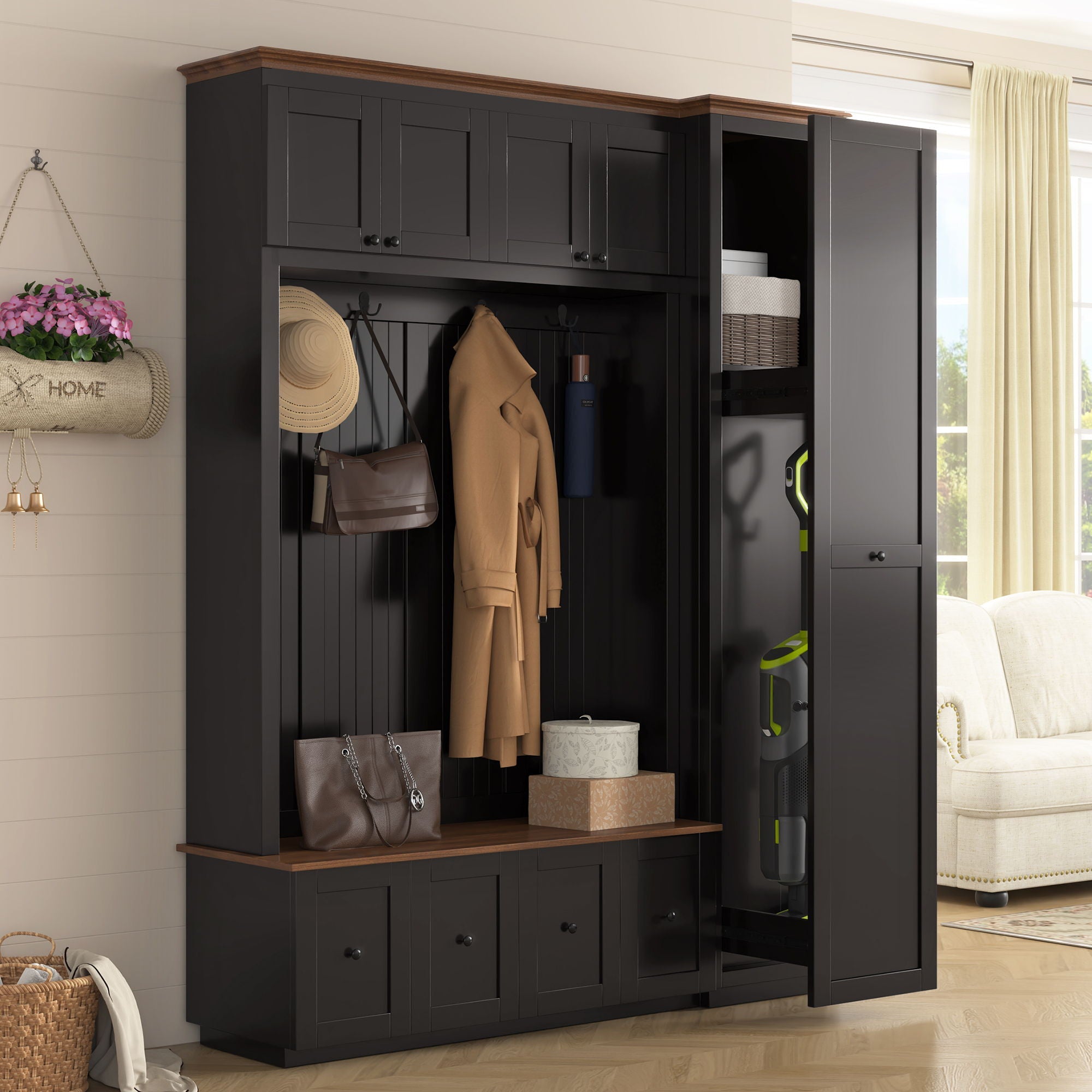 Entryway Hall Tree With Storage Bench, Coat Rack Shoe Bench With Cabinets by Unique Piece Furniture