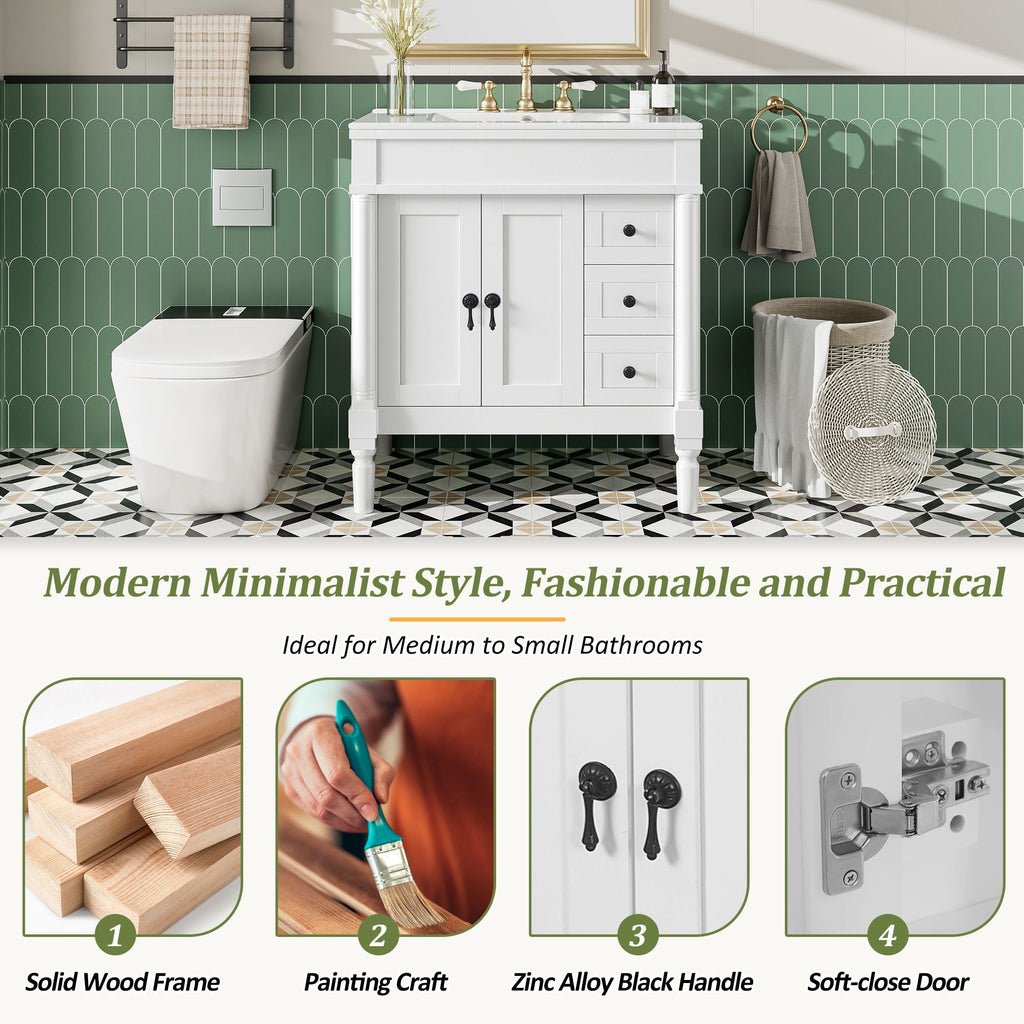 Bathroom Vanity With Ceramic Sink, 2 Doors 3 Drawers, Soft Close Design by Unique Piece Furniture