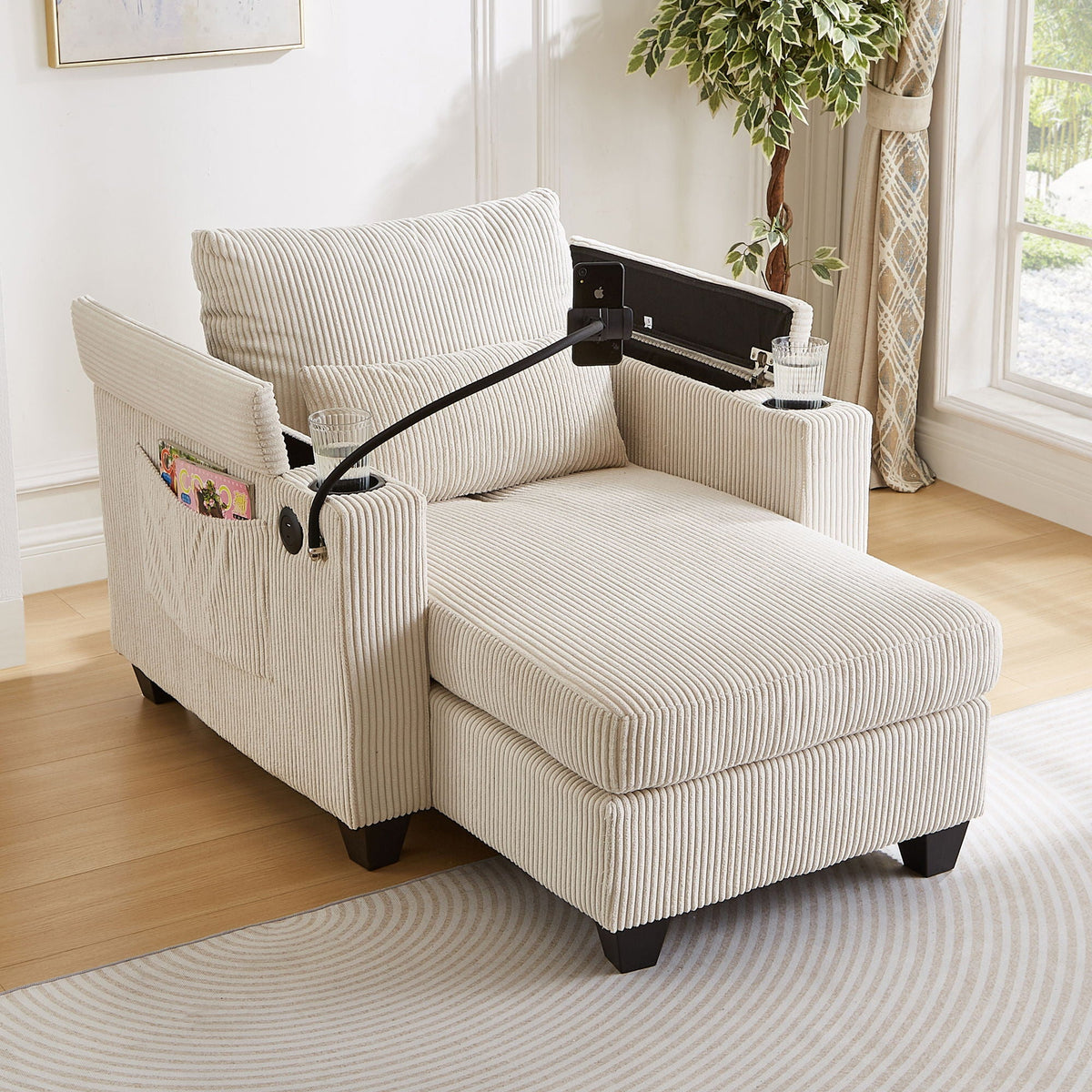 Convertible Chaise Lounge Sofa Chair With USB Ports, Cup Holders, Phone Holder And Storage by Unique Piece Furniture
