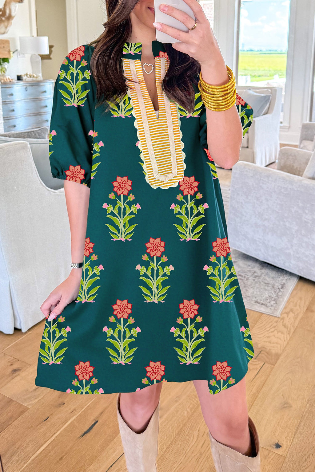 Green Floral Print Contrast Trim Striped Patchwork Short Sleeve Dress by Wild and Free Boutique