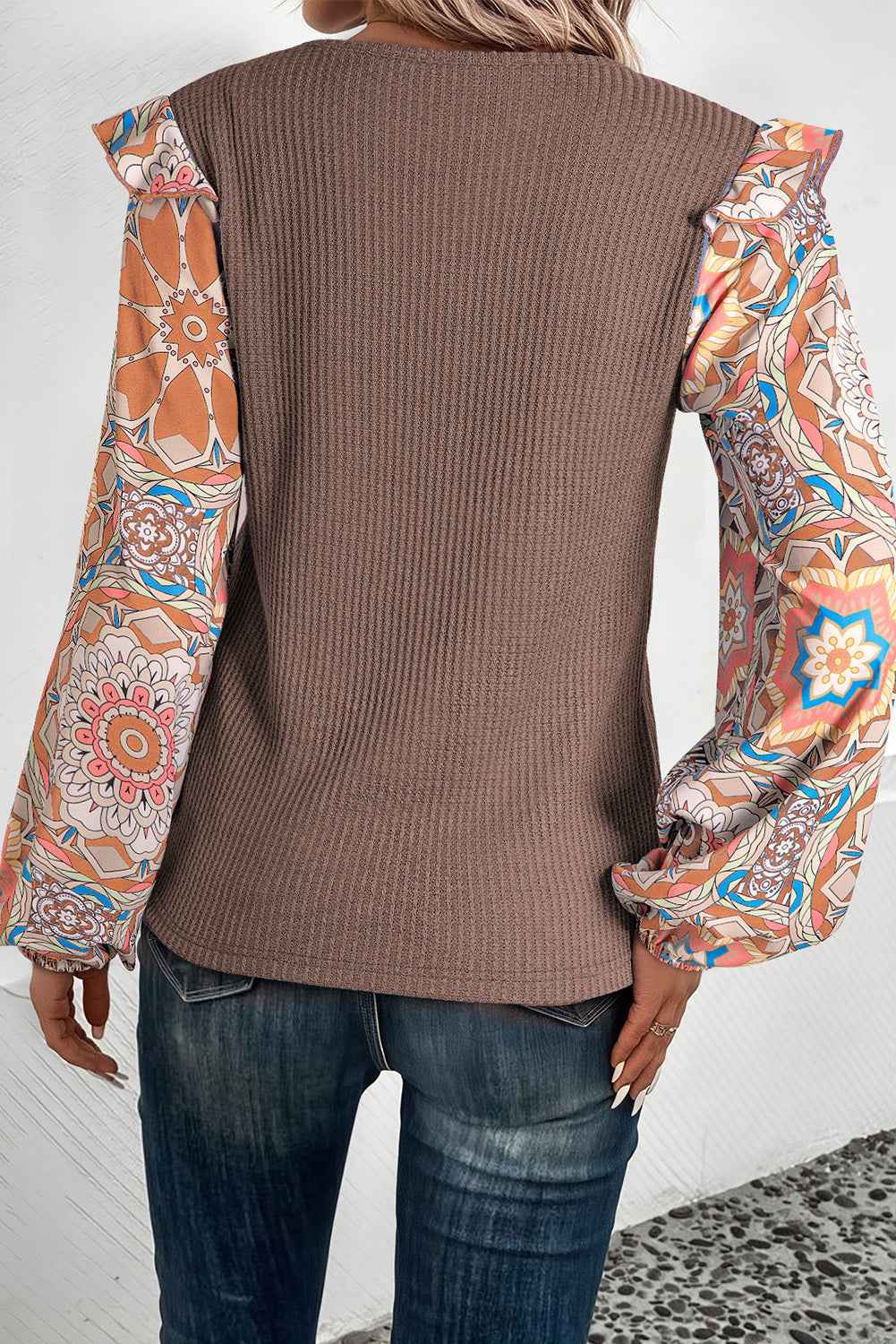 Coffee Ruffled Floral Sleeve Patchwork Waffle Knit O Neck Blouse by Wild and Free Boutique