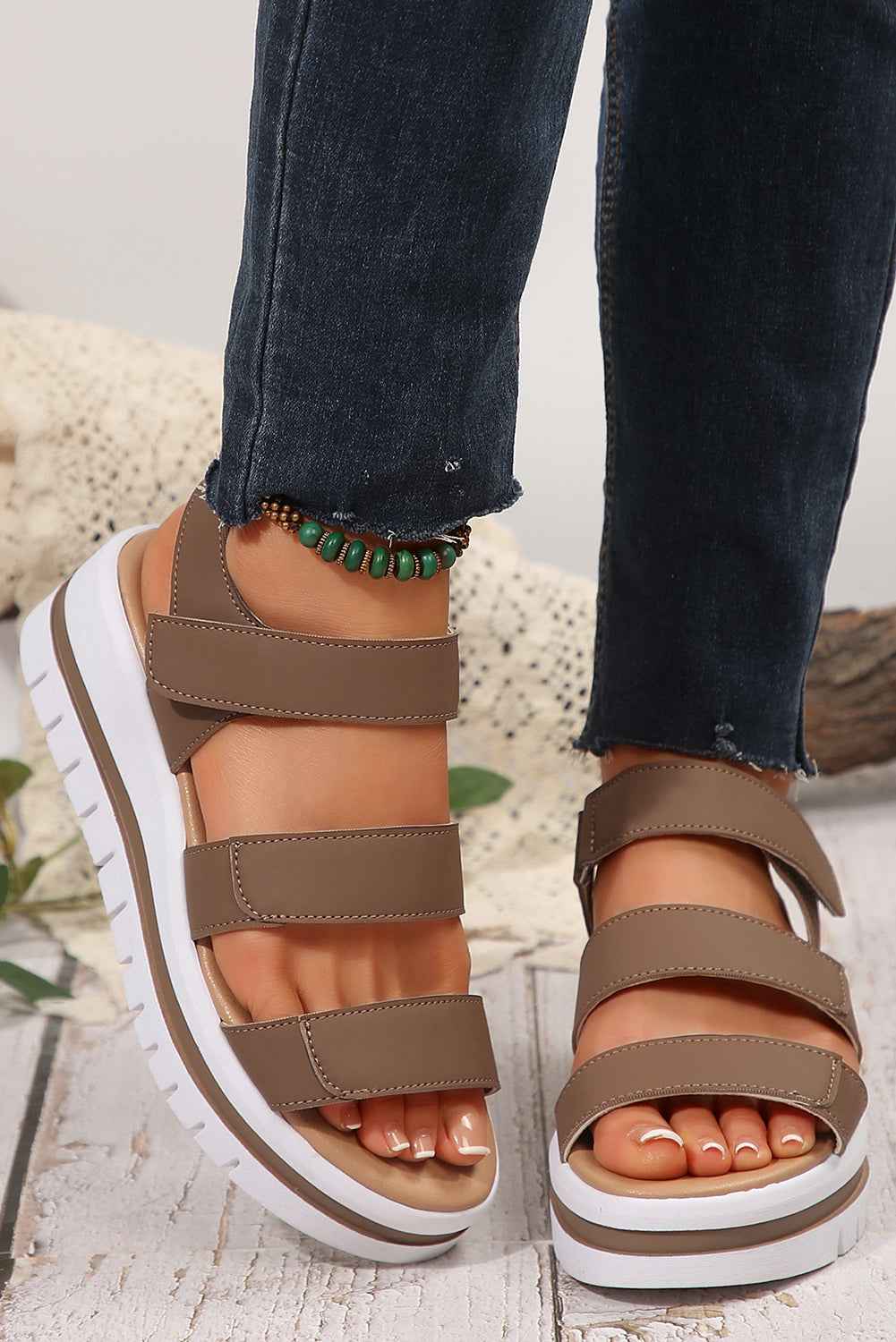 Camel Hollow Out Buckle PU Leather Platform Sandals by Wild and Free Boutique