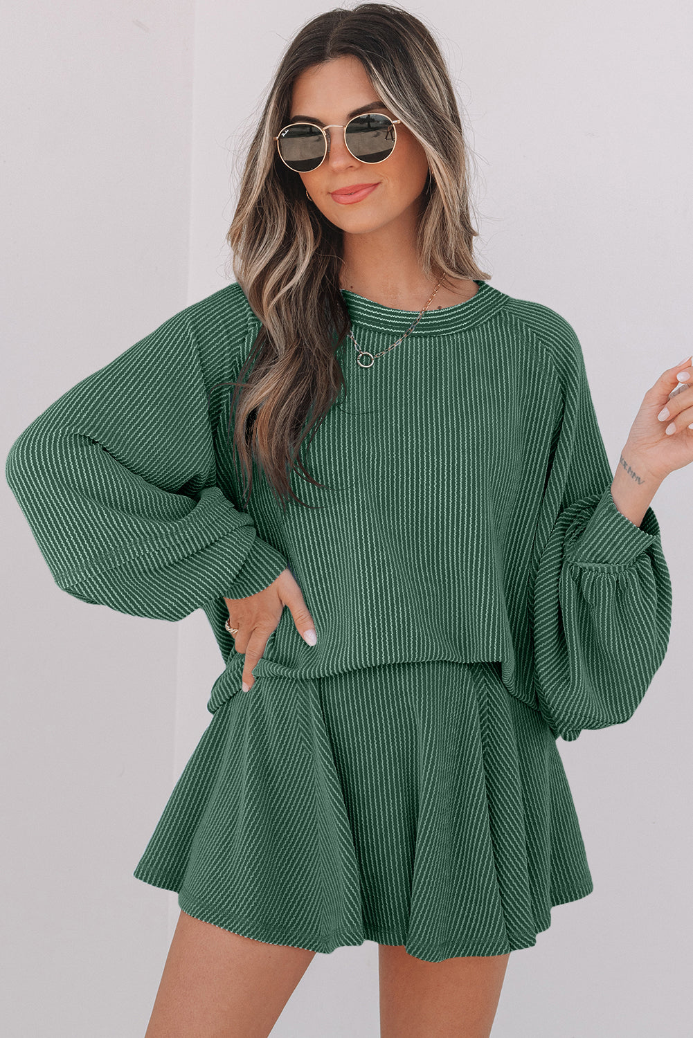 Jet Stream Corded Lantern Sleeve Top High Waist Ruffled Mini Skirt Set by Wild and Free Boutique