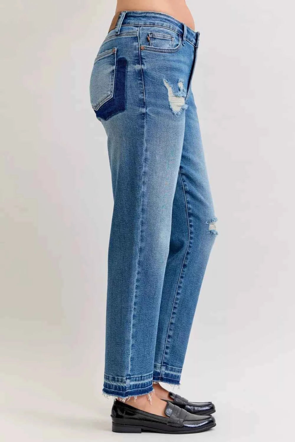 Judy Blue Full Size Mid Rise Bf Patch & Repair Destroy Release Hem Jeans Plus Size by Wild and Free Boutique