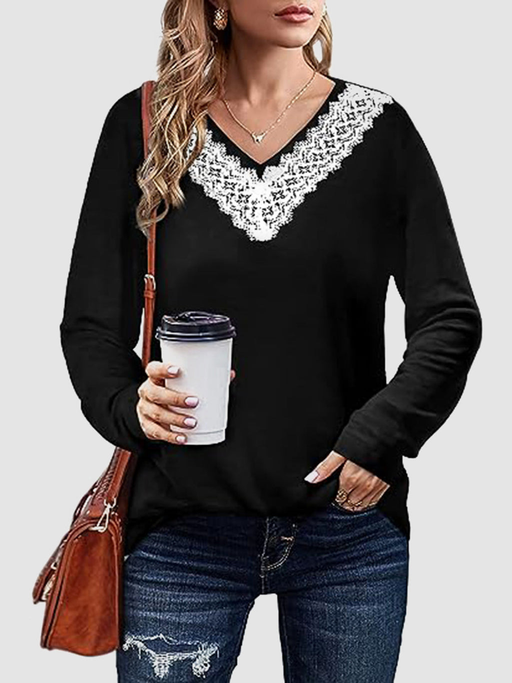 Lace Detail V-Neck Long Sleeve T-Shirt by Wild and Free Boutique