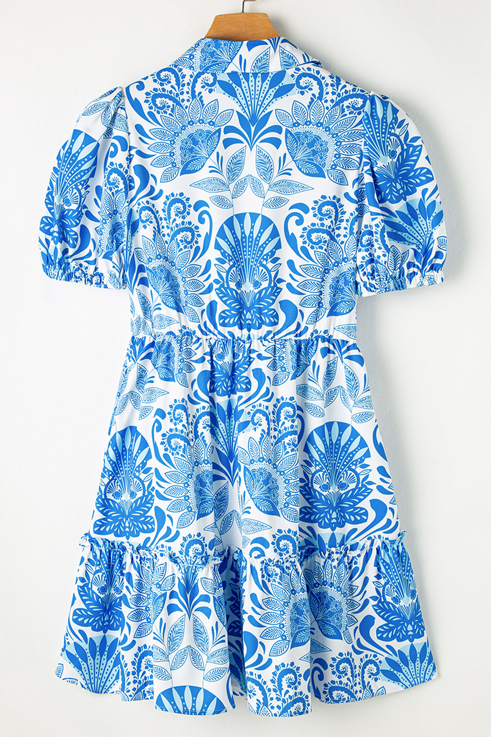 Sky Blue Retro Floral Print Drawstring Waist Ruffled Mini Dress by Dear-Lover Dropshipping