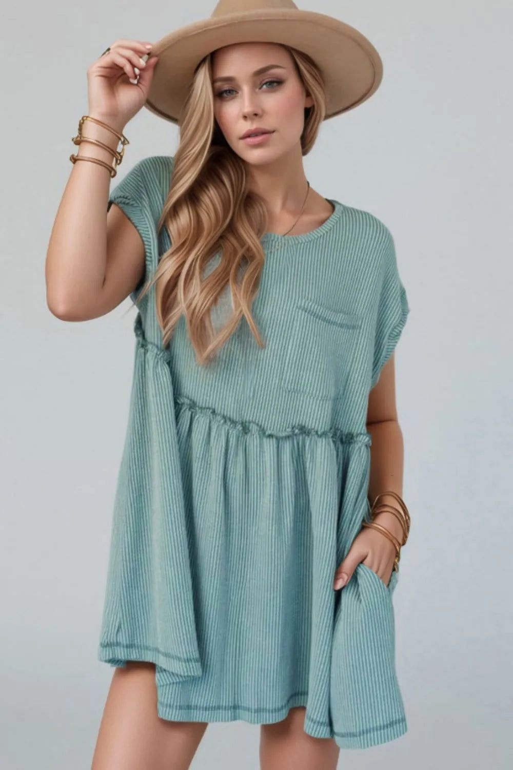 Frill Round Neck Cap Sleeve Mini Dress by Simply Love