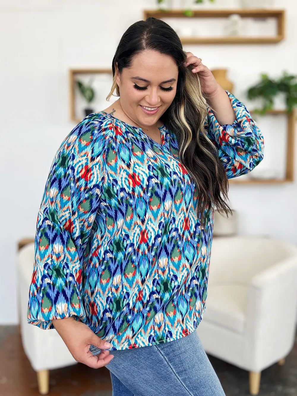 Double Take Full Size Printed Balloon Sleeve Blouse by Wild and Free Boutique