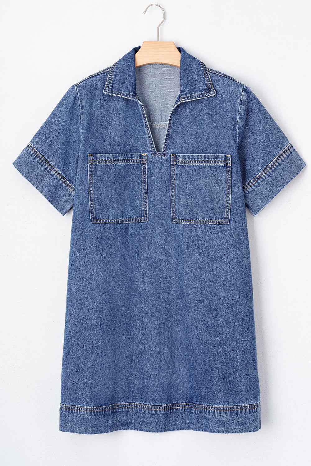 Blue Short Sleeve Collared Chest Pocket Denim Mini Dress by Wild and Free Boutique