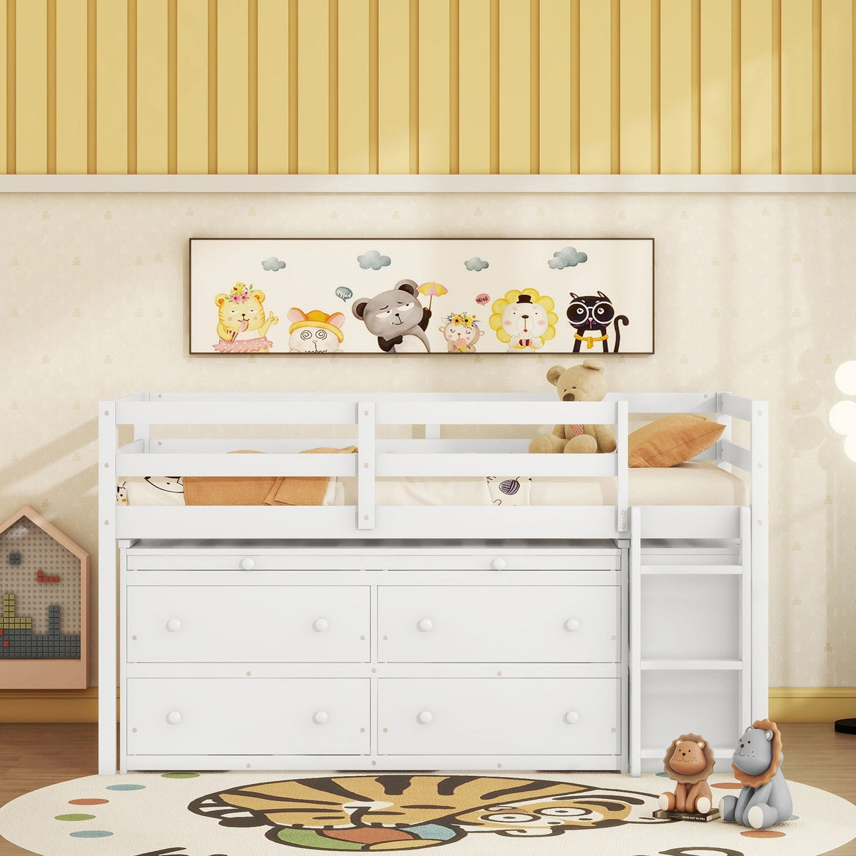 Loft Bed With Retractable Writing Desk And 4 Drawers, With Lateral Portable Desk And Shelves by Unique Piece Furniture