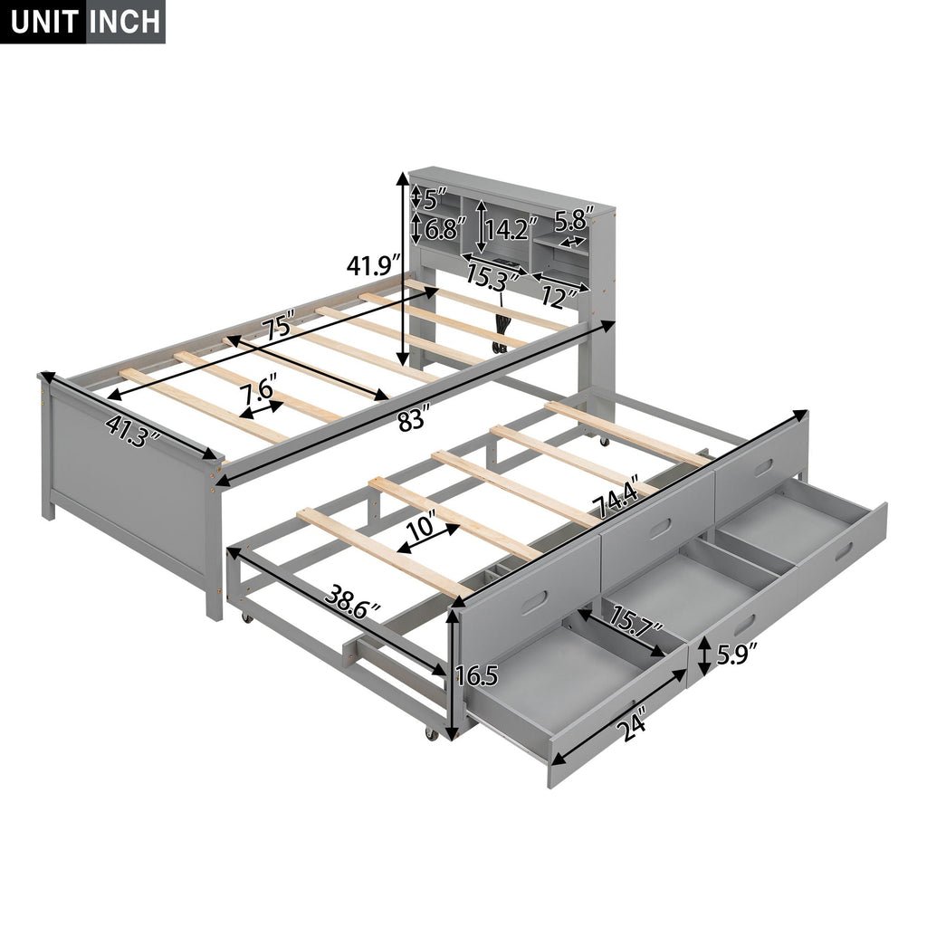 Platform Bed With Storage Headboard, USB, Trundle And 3 Drawers by Unique Piece Furniture