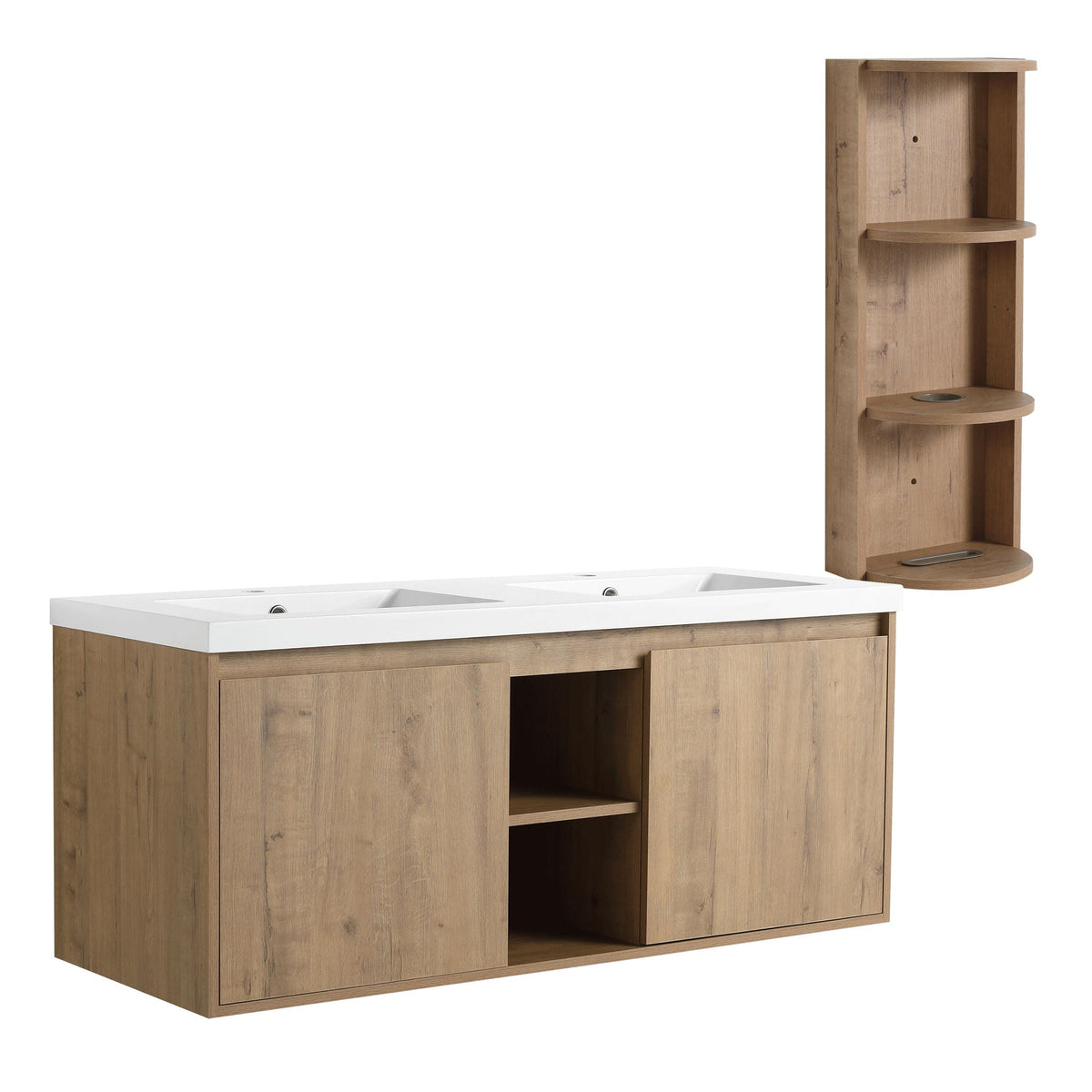 48" Wall Mounted Bathroom Vanity With Double Resin Sink And Storage Rack Soft Close Doors - Imitative Oak by Unique Piece Furniture