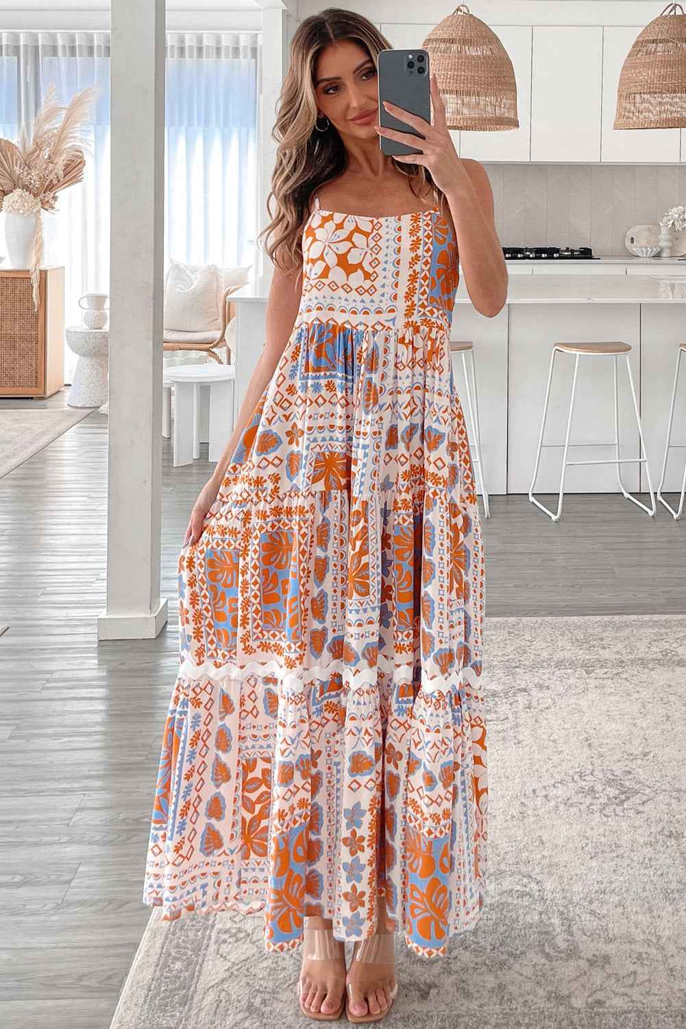 Orange Floral Print Ricrac Trim Spaghetti Straps Maxi Dress by Wild and Free Boutique