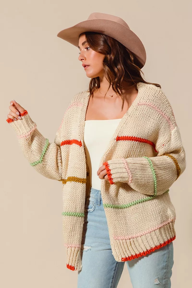 SO ME Loose Fit Multi Stripe Open Front Cardigan by FitiqueFit