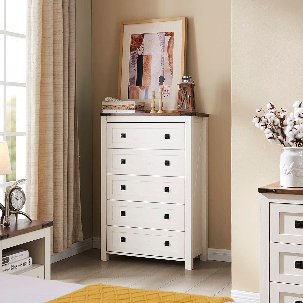 Antique White Rustic 5 Drawer Dresser For Bedroom Storage by ShipItFurniture