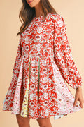 Red Colorful Floral Patchwork Long Sleeve Pleated Mini Dress by Dear-Lover Dropshipping