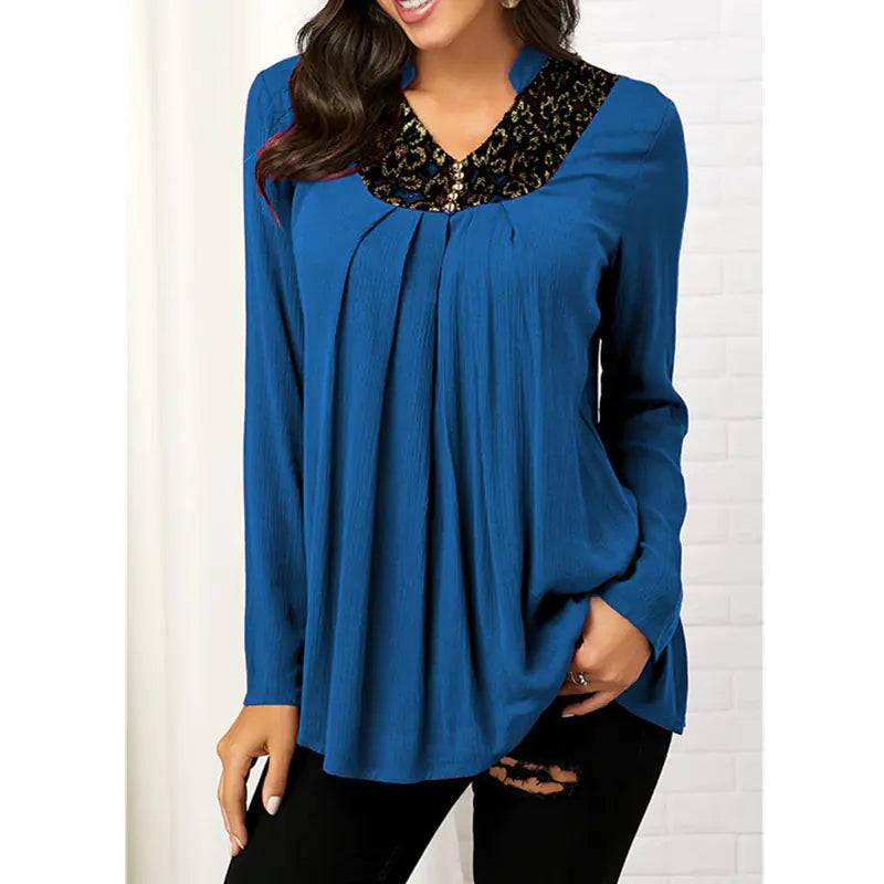Printed V-neck Long Sleeve Lace Top. by Trendy Attic Store01